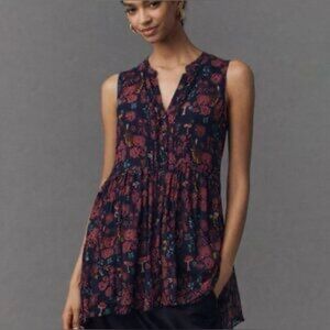 Nathalie Lété Paris 100% Silk Size 14 Sheer Blue Mushroom Bunny Button Up Tunic